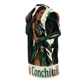 Unisex polyester t-shirt with bold fantasy all-over print and ribbed crew neck — side view