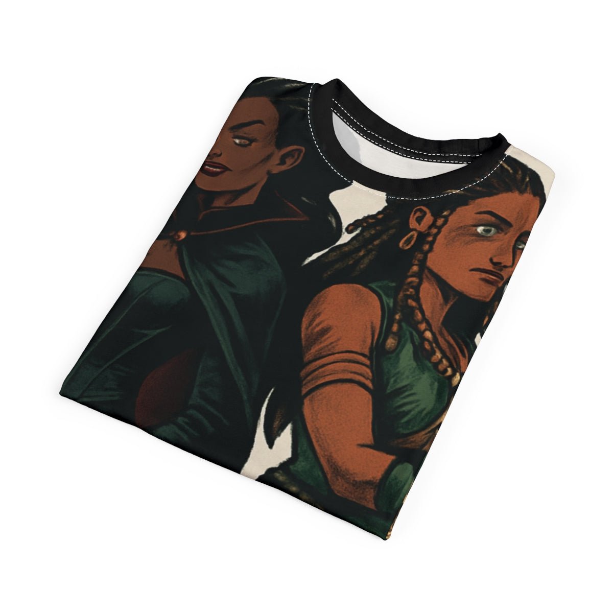 Unisex polyester t-shirt with bold fantasy all-over print and ribbed crew neck — rear view