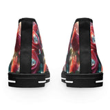 High-top women's sneakers with full-wrap floral diamond print and white sole — rear view