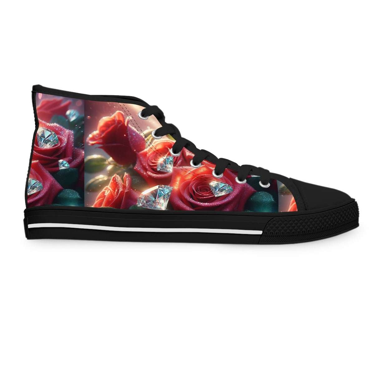 High-top women's sneakers with full-wrap floral diamond print and white sole — side view