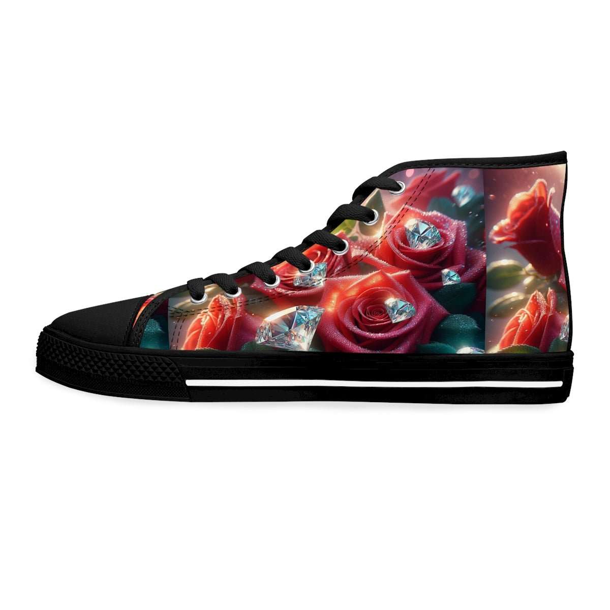 High-top women's sneakers with full-wrap floral diamond print and white sole — product detail