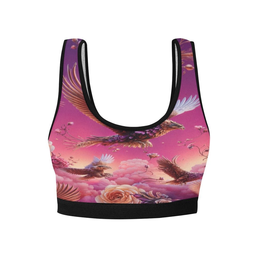 Pink nature-inspired women’s sports bra with compressive unpadded fit and quick-dry fabric — alternate view