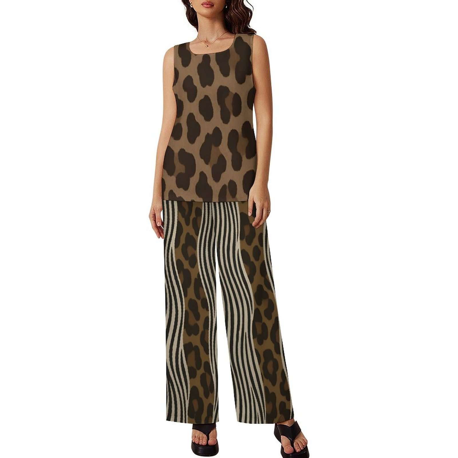 Brown animal print chiffon sleeveless top with high-waist wide-leg pants and side pockets