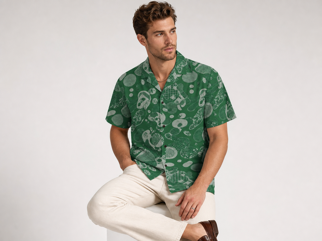 Male model wearing the Rich and Rich Men’s Green Fusion Designer Shirt with a boxy fit, short sleeves, notch lapel collar, and modern green fusion designer pattern.