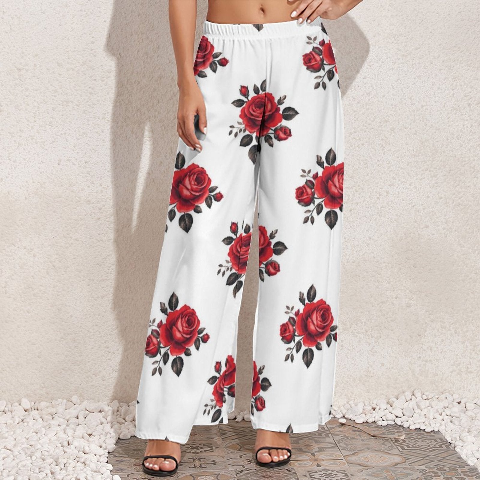Red rose all-over print double-breasted blazer and high-waisted wide leg pants two-piece set — additional view 9