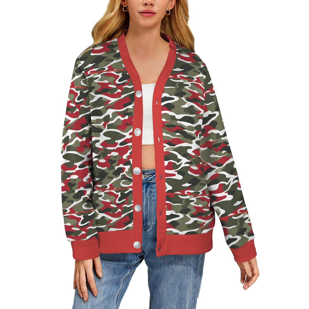 R&RH Womens camoflage and Red Designer Sweater Women's Ribbed Cardigan (Model H73)