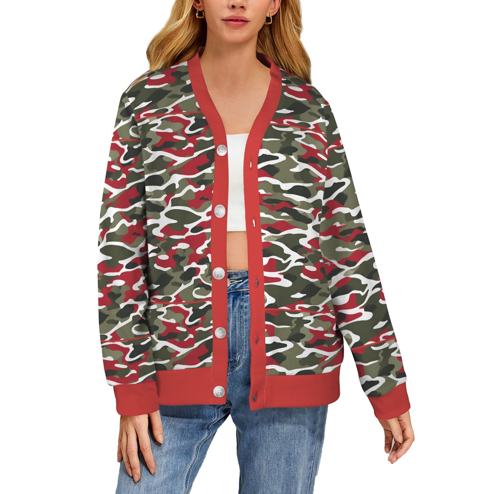 R&RH Womens camoflage and Red Designer Sweater Women's Ribbed Cardigan (Model H73)