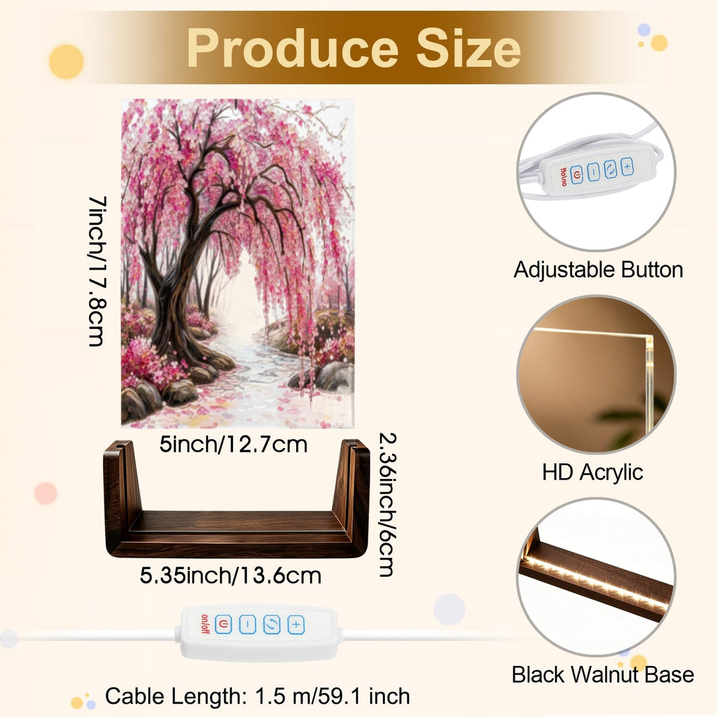 Japanese Cherry Blossom Acrylic Night Light Walnut Base 5"x7" (3 Color Temps Walnut Base)