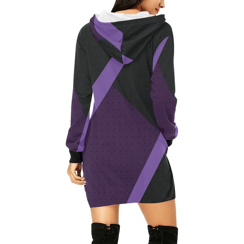 Oversized purple abstract hoodie dress with hood and deep front pockets — side view