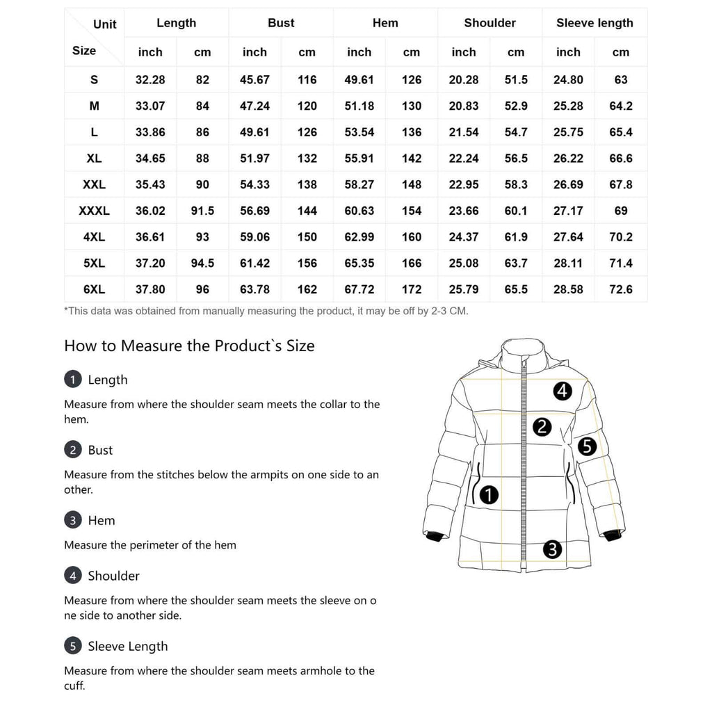 Size chart and measurement guide for women's puffer coat