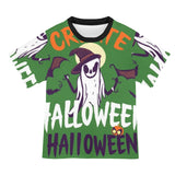 Green witches-themed women's all-over print T-shirt in polyester mesh — product detail