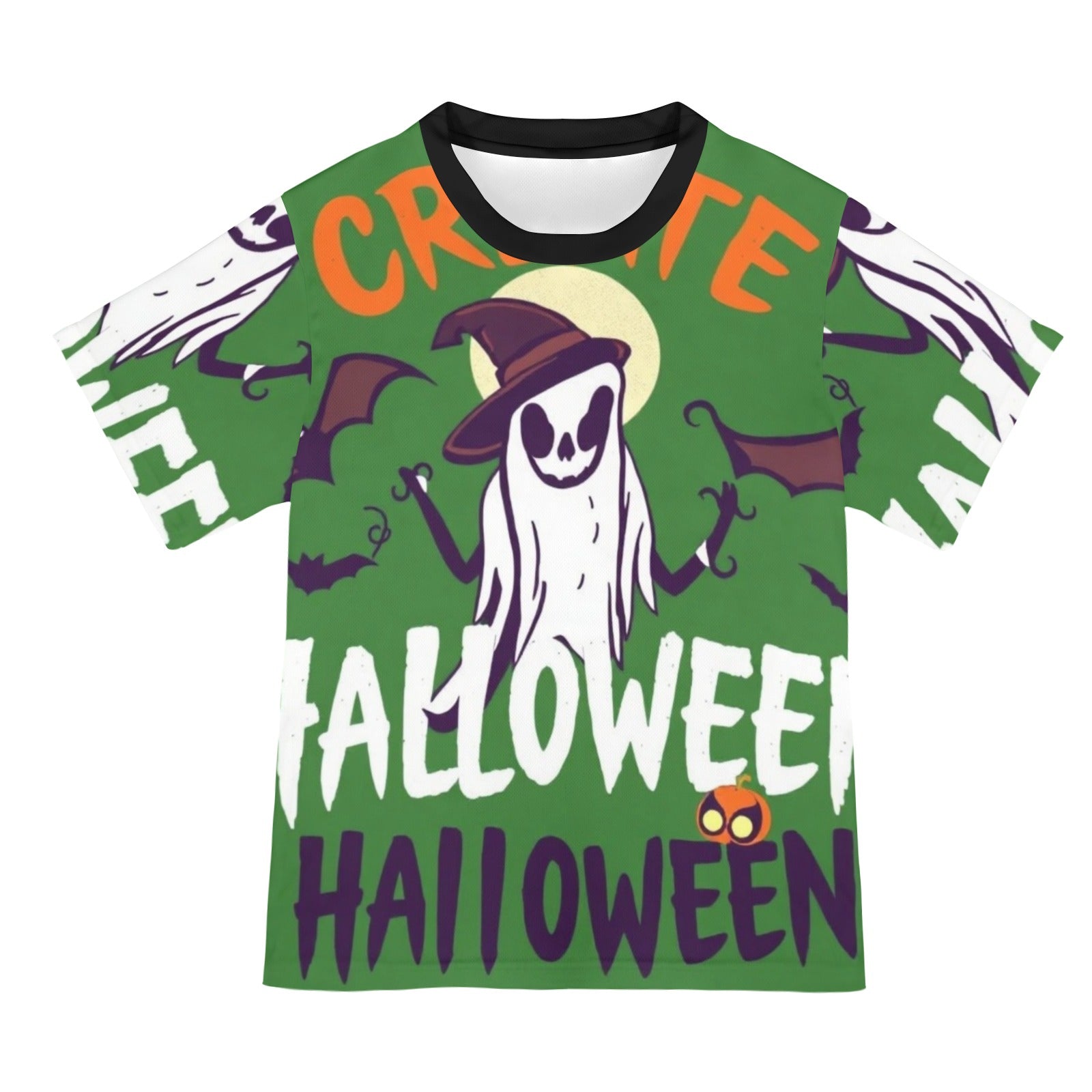 Green witches-themed women's all-over print T-shirt in polyester mesh — product detail