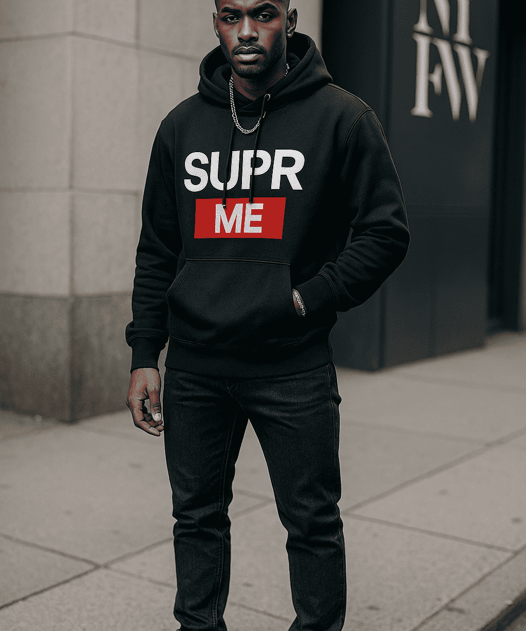 Black men's hoodie with SUPRR ME design and kangaroo pocket