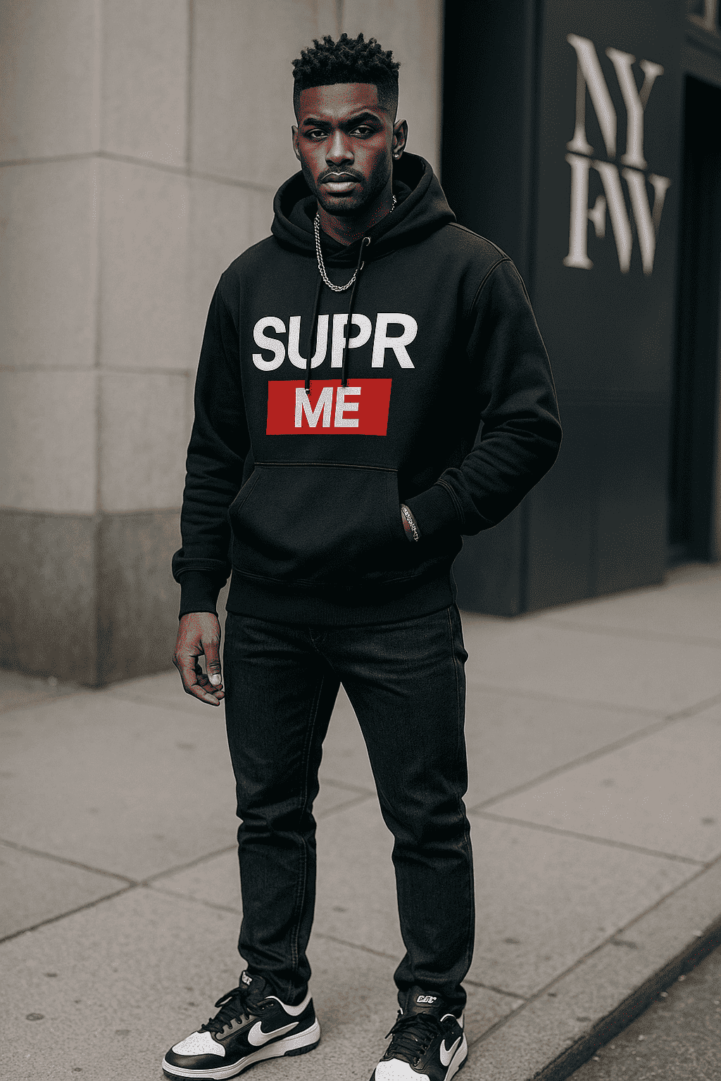Black men's hoodie with SUPRR ME design and kangaroo pocket