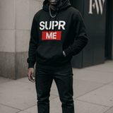 Black men's hoodie with SUPRR ME design and kangaroo pocket