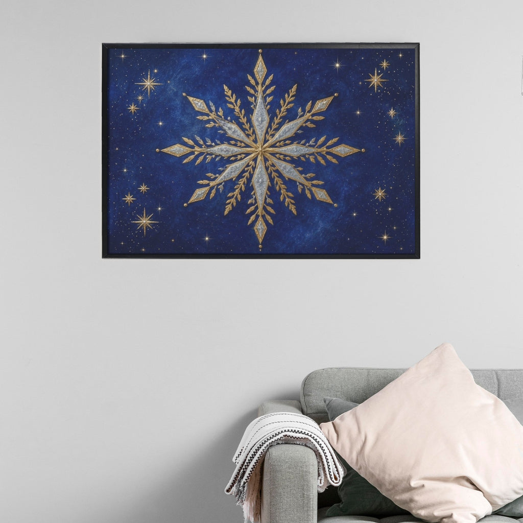 A Rich and Rich Celestial Gold and Silver Nordic Snowflake Framed Art Print 36×24inch - Rich and Rich Homeopportunities