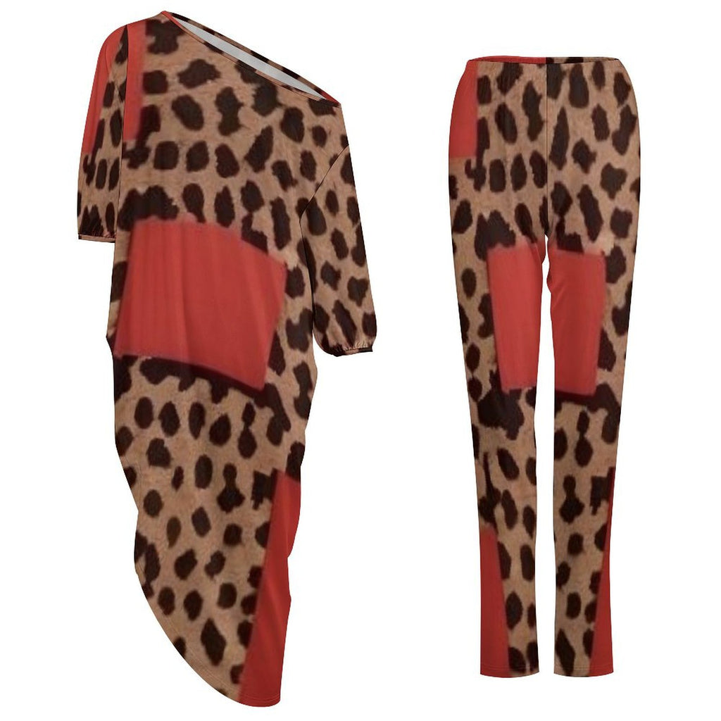 Women's off shoulder diagonal shoulder two-piece set with trousers in soft polyester blend