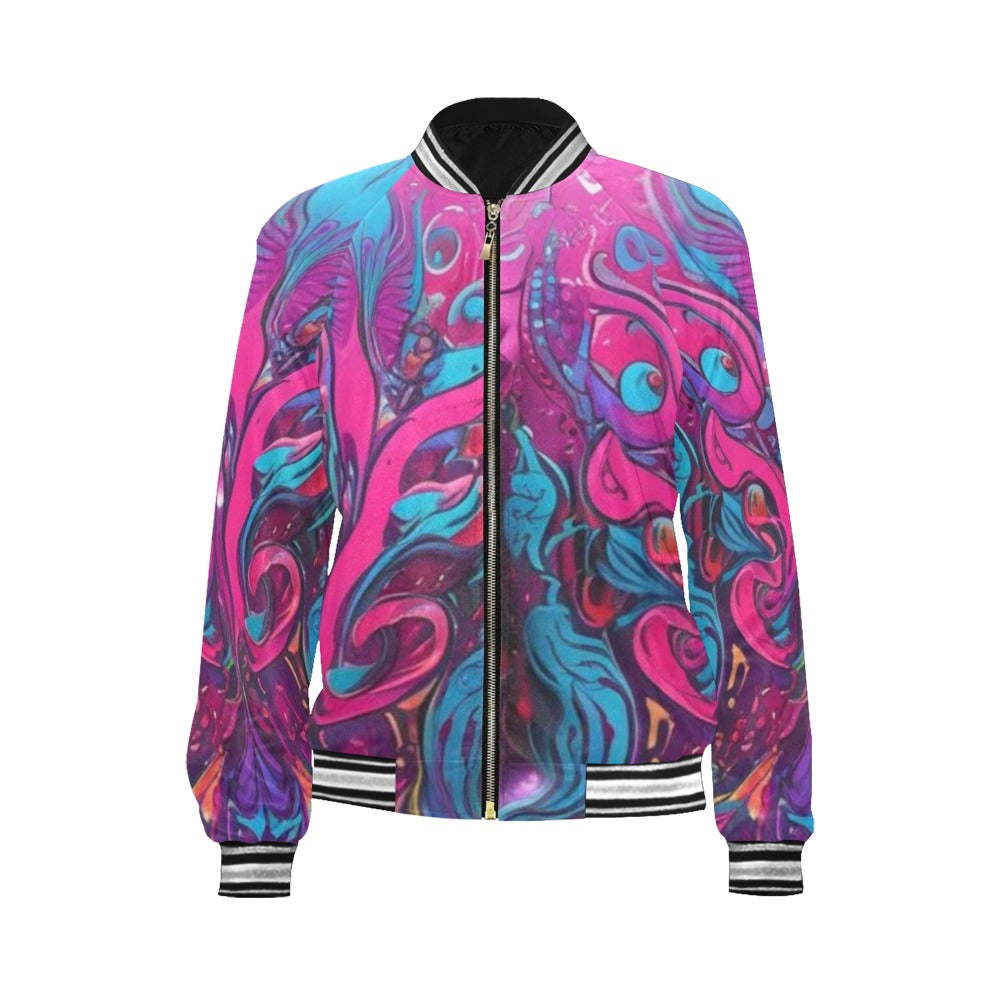 R&RH Abstract Colors Women's All Over Print Bomber Jacket with zip front and pouch pockets