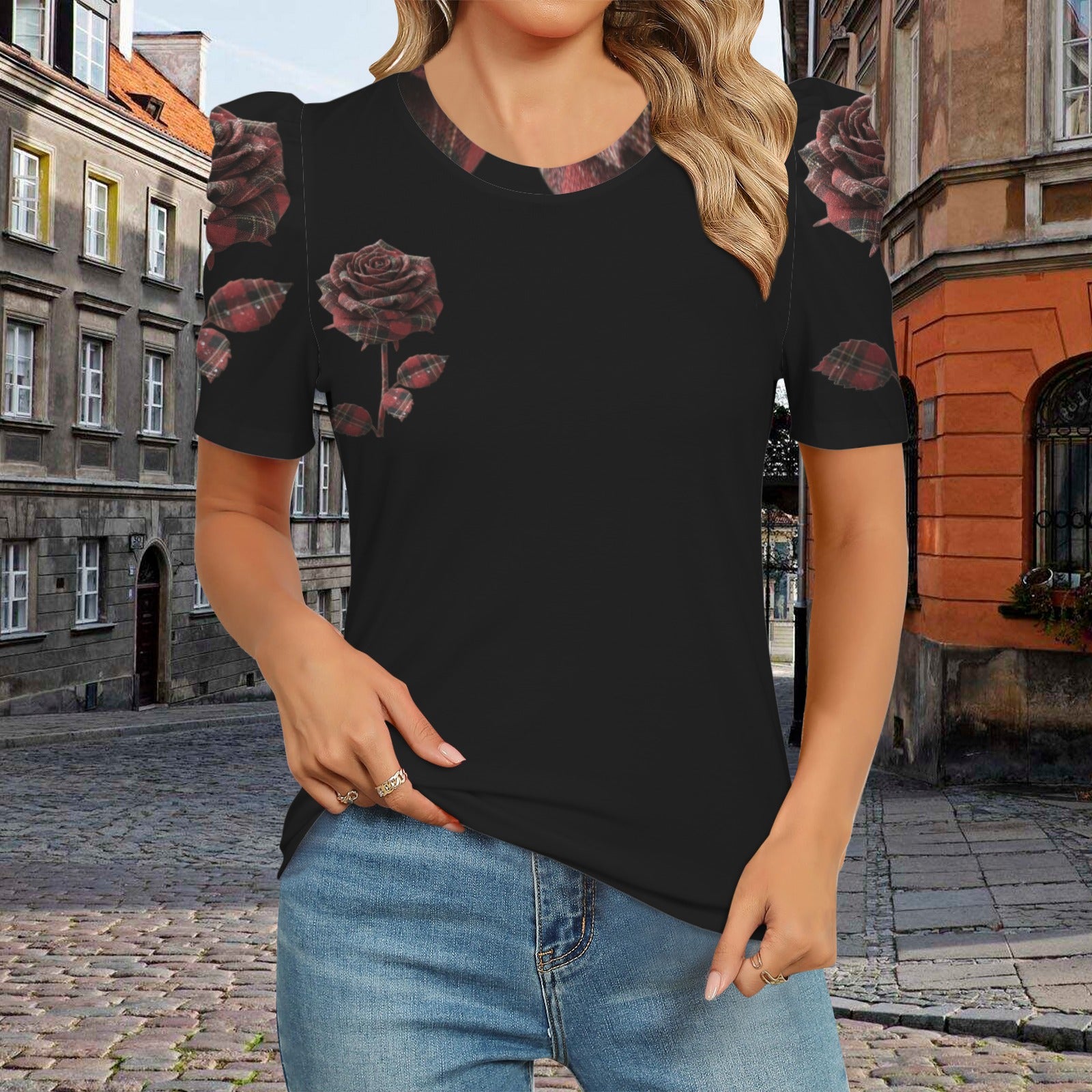 Women's black crew neck puff sleeve T-shirt with red rose print
