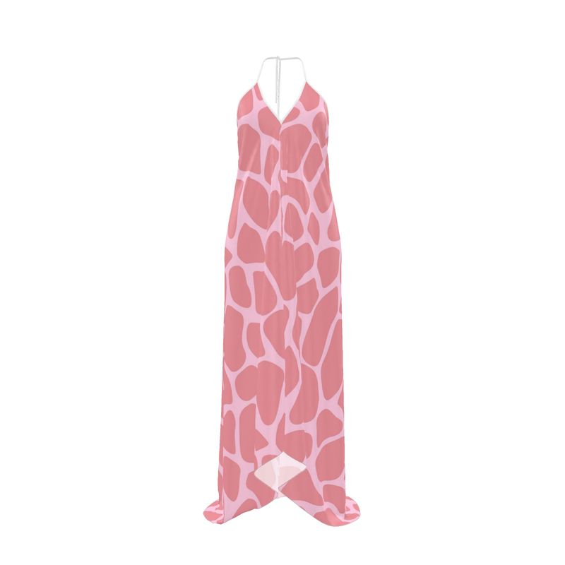 Pink abstract halterneck backless dress in silky fabric with low-cut back and flowing silhouette — alternate view