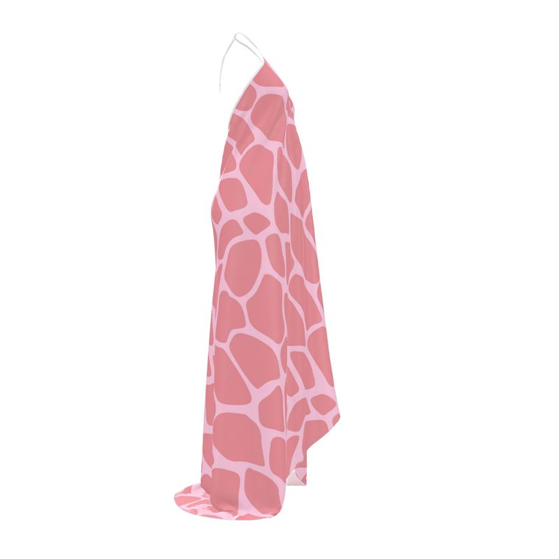 Pink abstract halterneck backless women's dress in silk fabric
