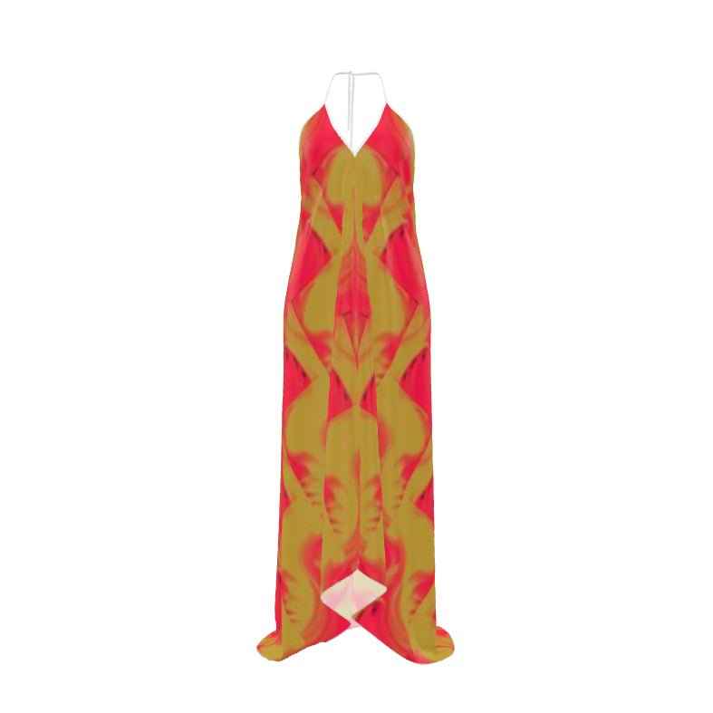 Orange halterneck dress with abstract print and satin-like drape — alternate view