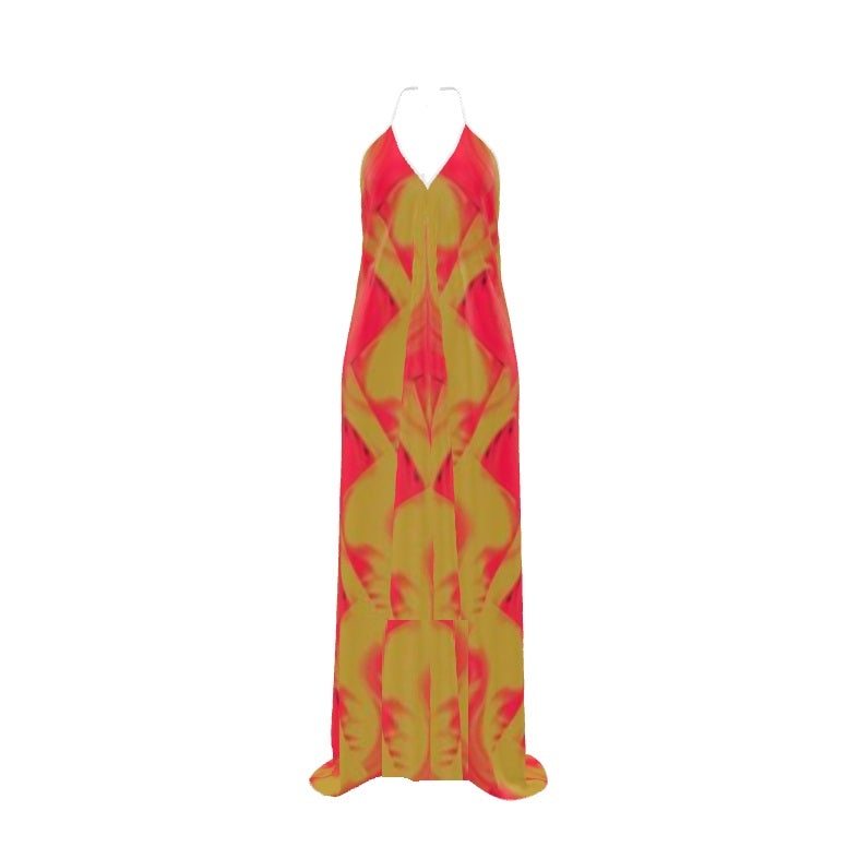 R&RH Orange Abstract Halterneck Dress with open back and optional train