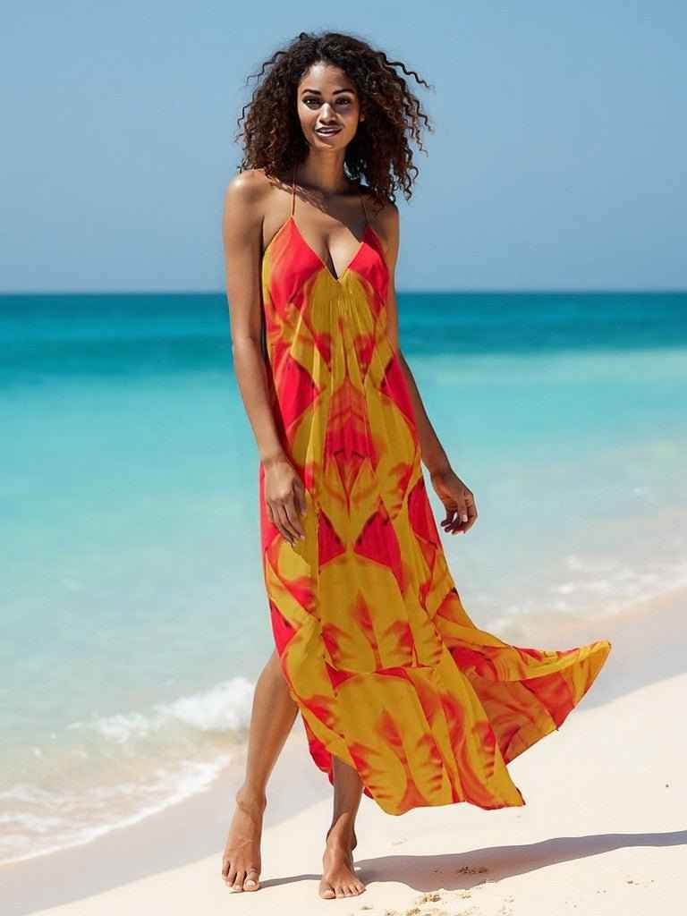 Orange halterneck dress with abstract print and satin-like drape