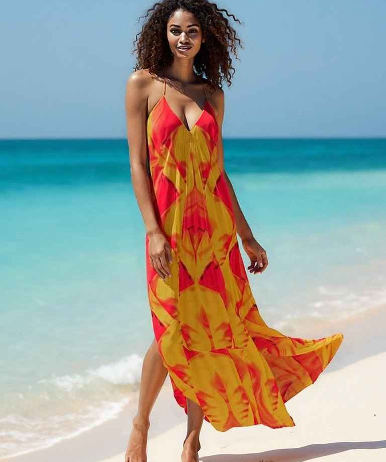 Orange halterneck dress with abstract print and satin-like drape