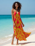 R&RH Orange Abstract Halterneck Dress with open back and optional train