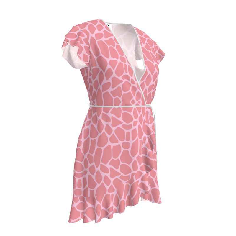 Pink sleeveless wrap tea dress with flounced hem and abstract pattern — additional view 8