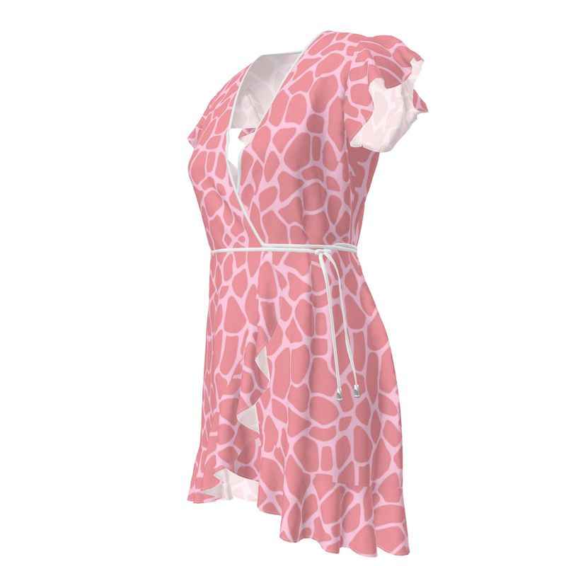 Pink sleeveless wrap tea dress with flounced hem and abstract pattern — additional view 9