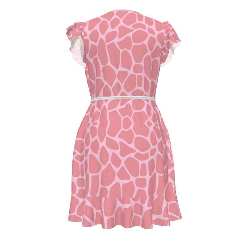 Pink sleeveless wrap tea dress with flounced hem and abstract pattern — additional view 7