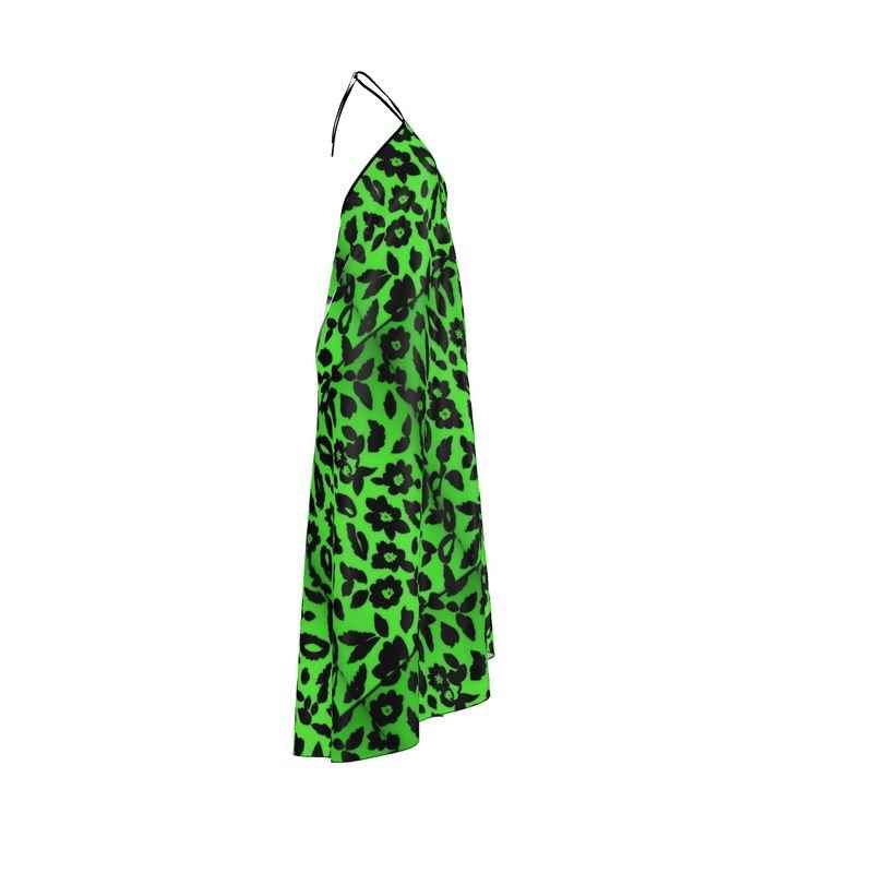 Green halterneck midi dress with backless design and abstract print — side view