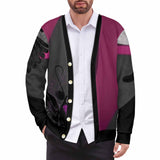 Men's magenta, black and gray v-neck cardigan with five-button front and long sleeves