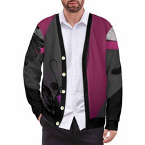 Men's magenta, black and gray v-neck cardigan with five-button front and long sleeves