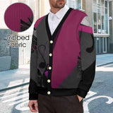 Men's magenta, black and gray v-neck cardigan with five-button front and long sleeves — alternate view