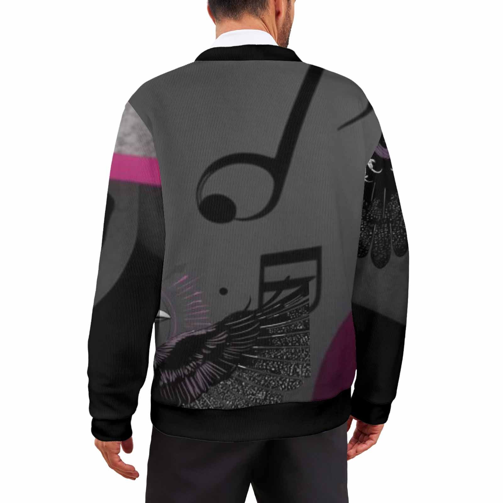 Men's magenta, black and gray v-neck cardigan with five-button front and long sleeves — product detail