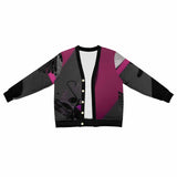 Men's magenta, black and gray v-neck cardigan with five-button front and long sleeves — side view