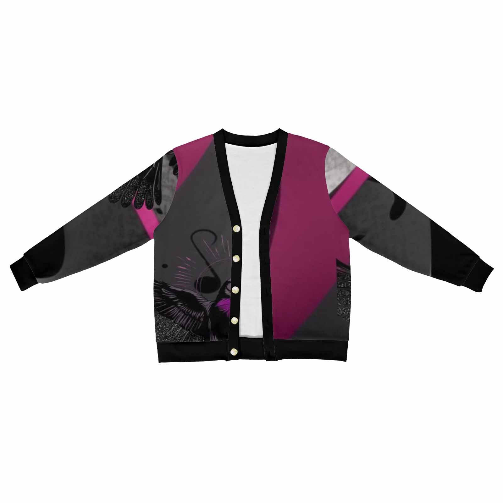 Men's magenta, black and gray v-neck cardigan with five-button front and long sleeves — side view