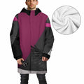 Men's mid-length magenta and gray fleece-lined jacket with black zipper and ribbed cuffs