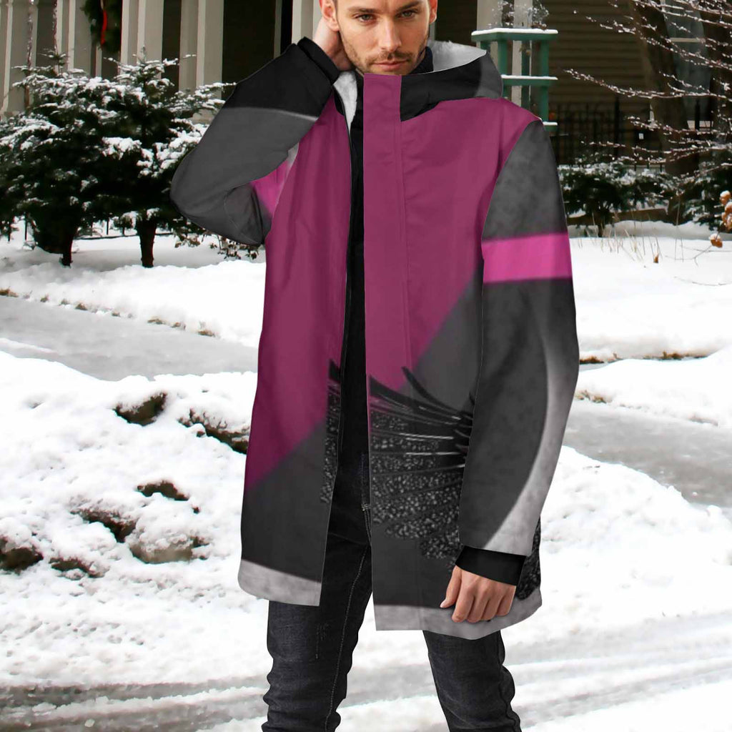 Men's mid-length magenta and gray fleece-lined jacket with black zipper and ribbed cuffs
