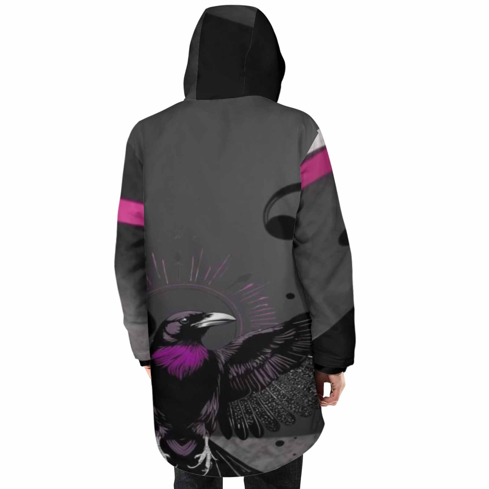 Men's mid-length magenta and gray fleece-lined jacket with black zipper and ribbed cuffs
