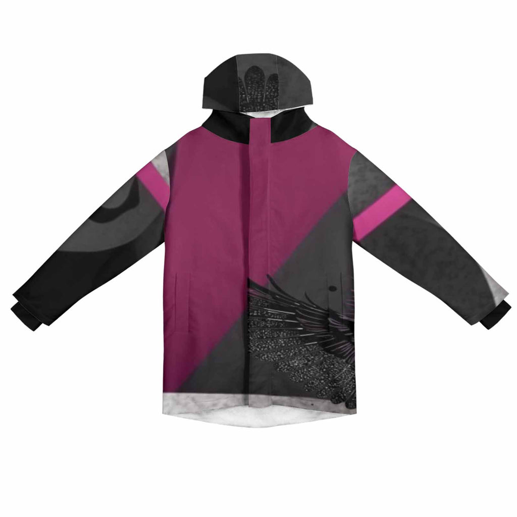 Men's mid-length magenta and gray fleece-lined jacket with black zipper and ribbed cuffs