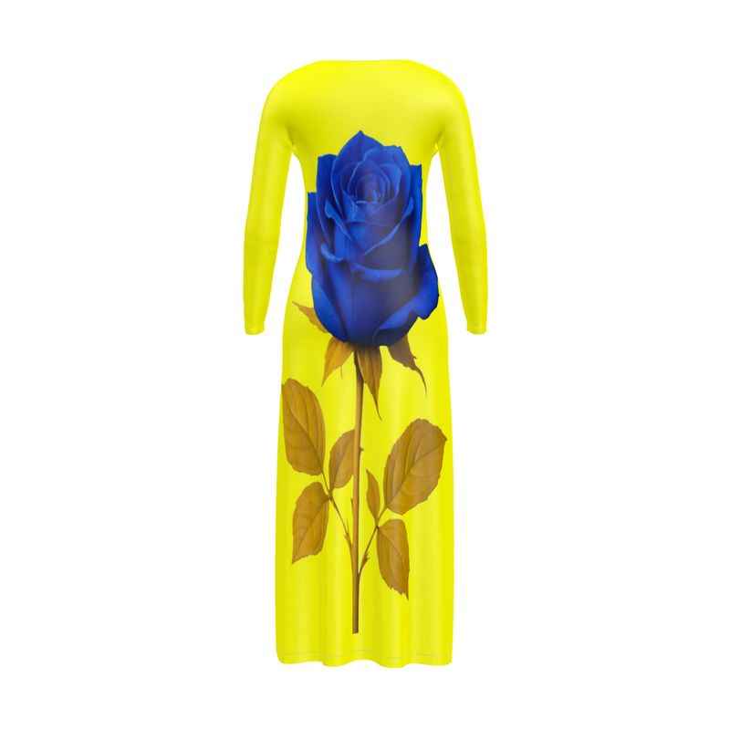 Long-line women's cardigan with yellow and blue rose print and button-through front — alternate view