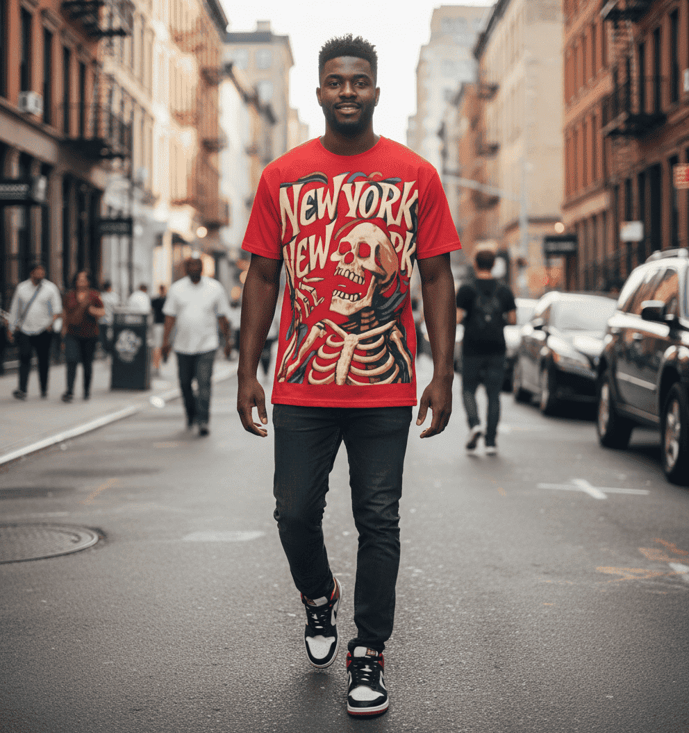 Unisex red tee with playful skeleton skull graphic and vintage-style accents