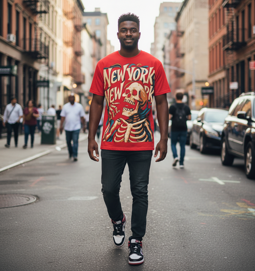 New York Skeleton Graphic Tee featuring vintage skull design in red, unisex all-over print shirt