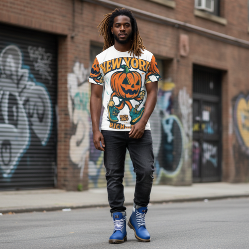 Halloween Pumpkin Unisex Tee with vibrant orange pumpkin graphic on black background
