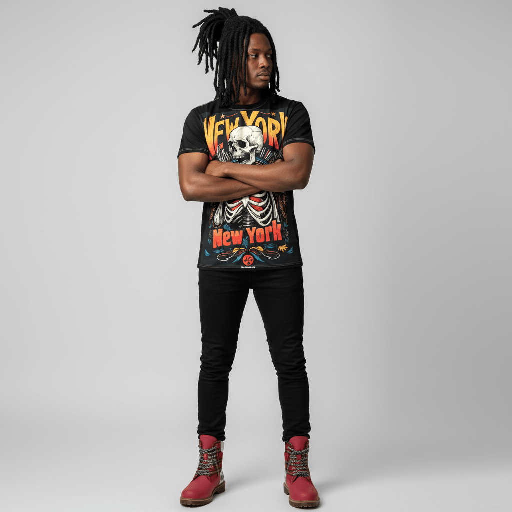 Black all-over print tee with large New York skeleton graphic, crew neck and regular unisex fit