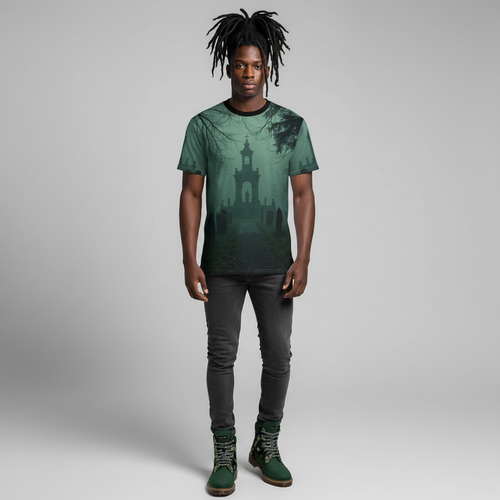 Eerie Cemetery Unisex Halloween T-shirt featuring spooky ghost and misty graveyard all-over print design